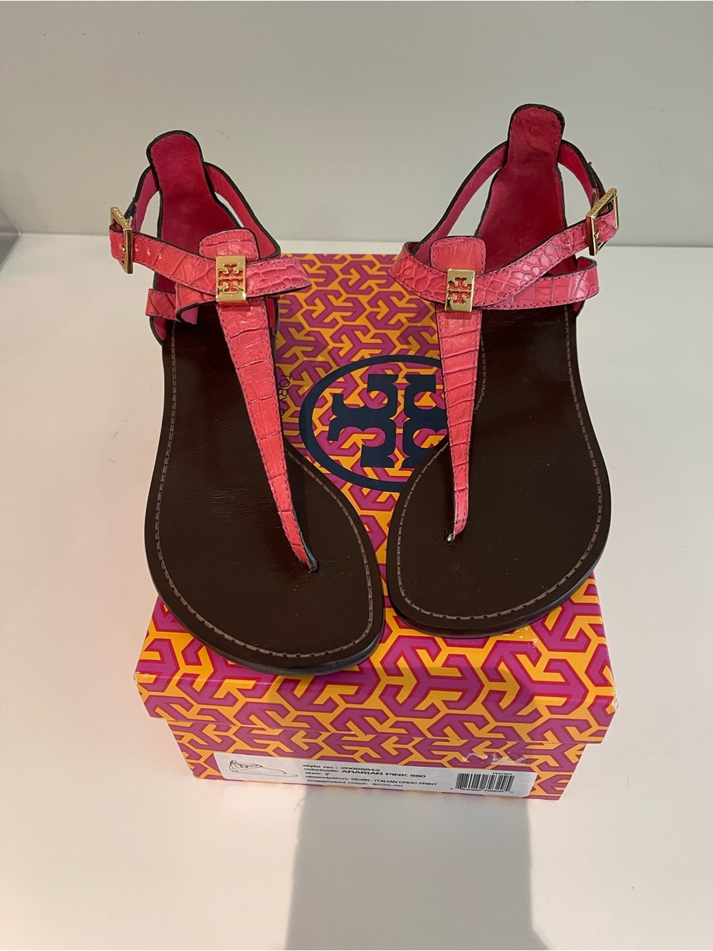 Tory Burch Pink Croc-Embossed T-Strap Sandals with Gold Logo